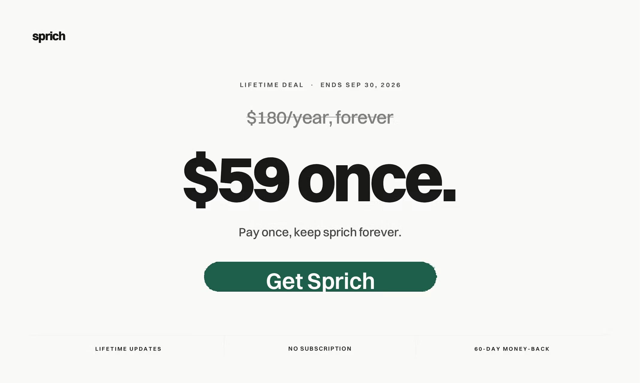 Pricing: $59 one-time, no subscription.