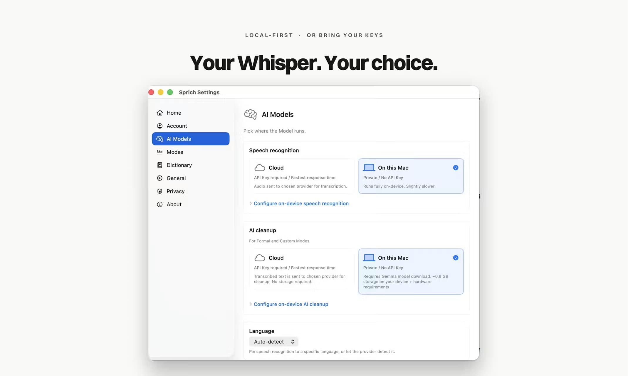 On-device by default: Whisper transcription and Gemma cleanup both run on the Mac, no API key (Settings → AI Models).